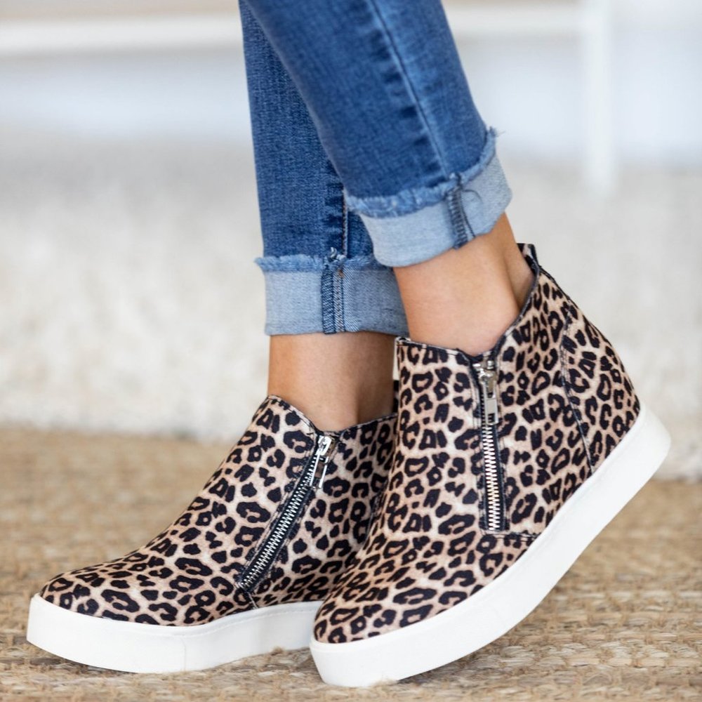NEW🔥Cheetah Print Side Zipper Hidden Wedge Heel Hi-Top Platform Sneaker Booties